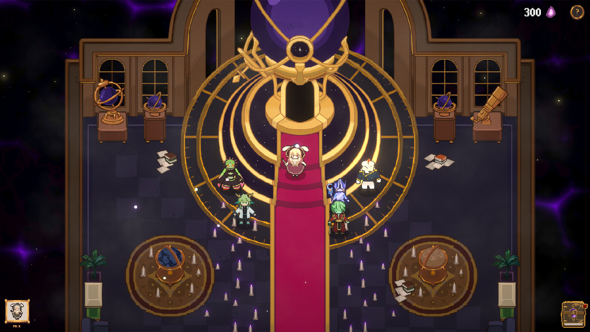 The mansion hub with several mages gathered around the great orrery